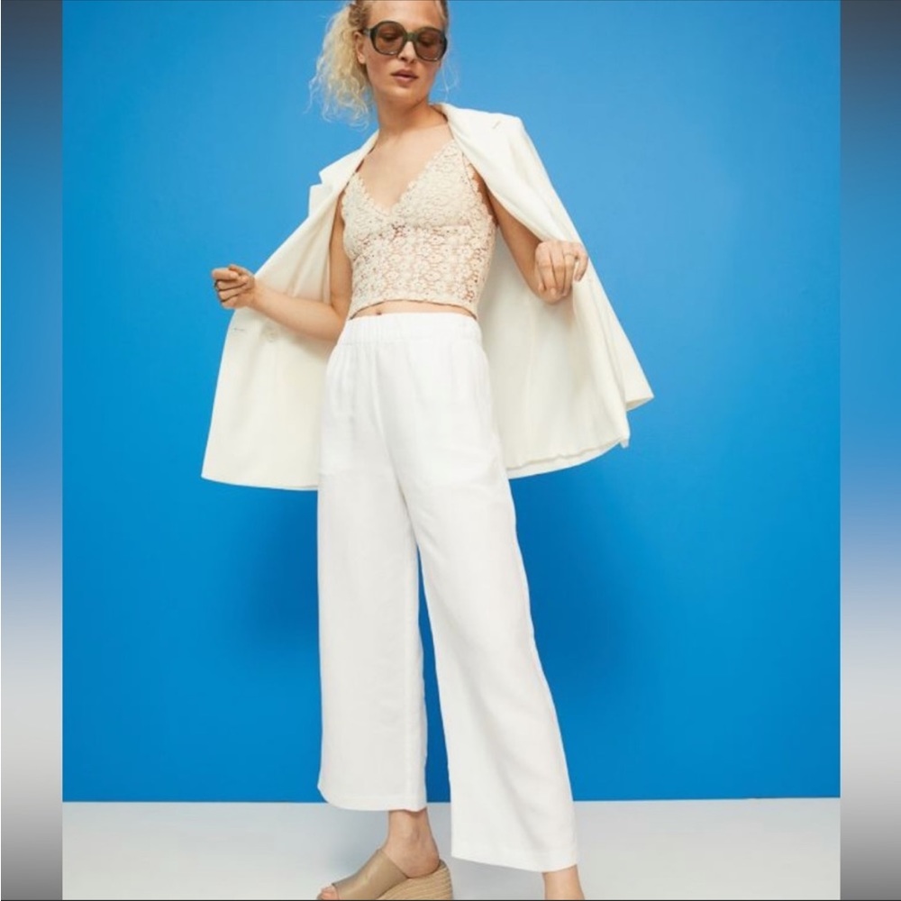 H&M Wide Leg Linen Blend White Pants